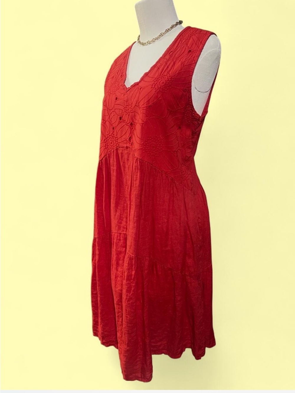 Sleeveless Red V-Neck Floral Embroidered Sundress